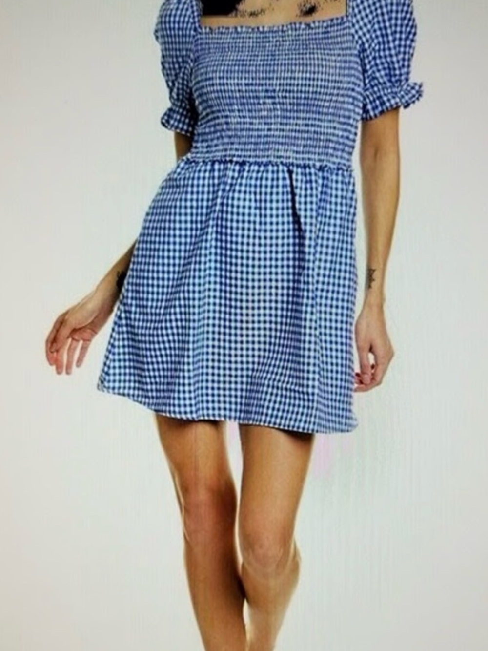 French Connection Cute Dress Blue Gingham Smocked Puff Sleeve Mini Dress Sz 4